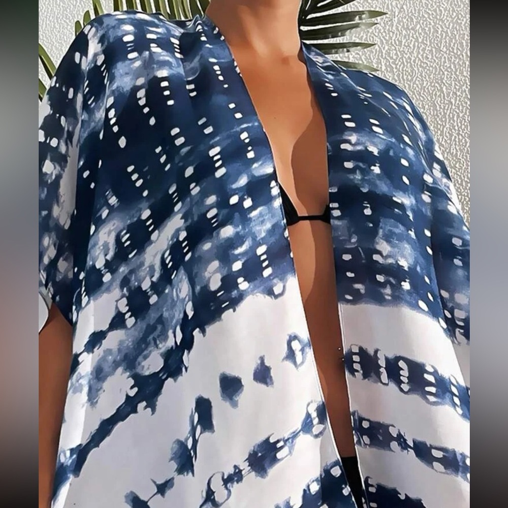 Boho Tie Dye Ombre Print Tassel Kimono Swim Beach Cover Up Top - Picture 3 of 4
